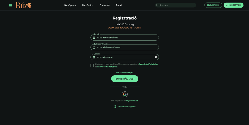 Ritzo Casino regisztráció