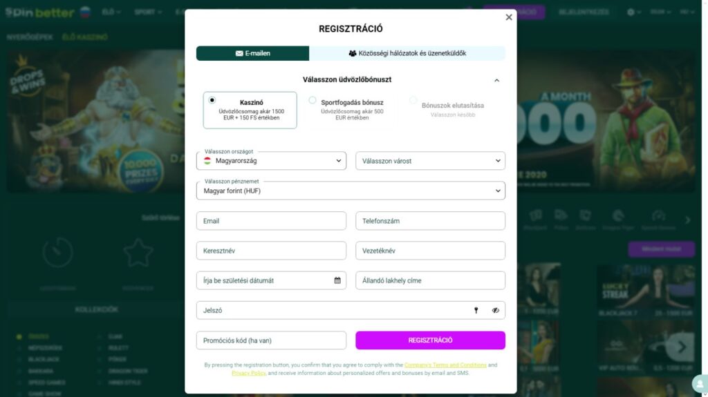 SpinBetter Casino regisztráció