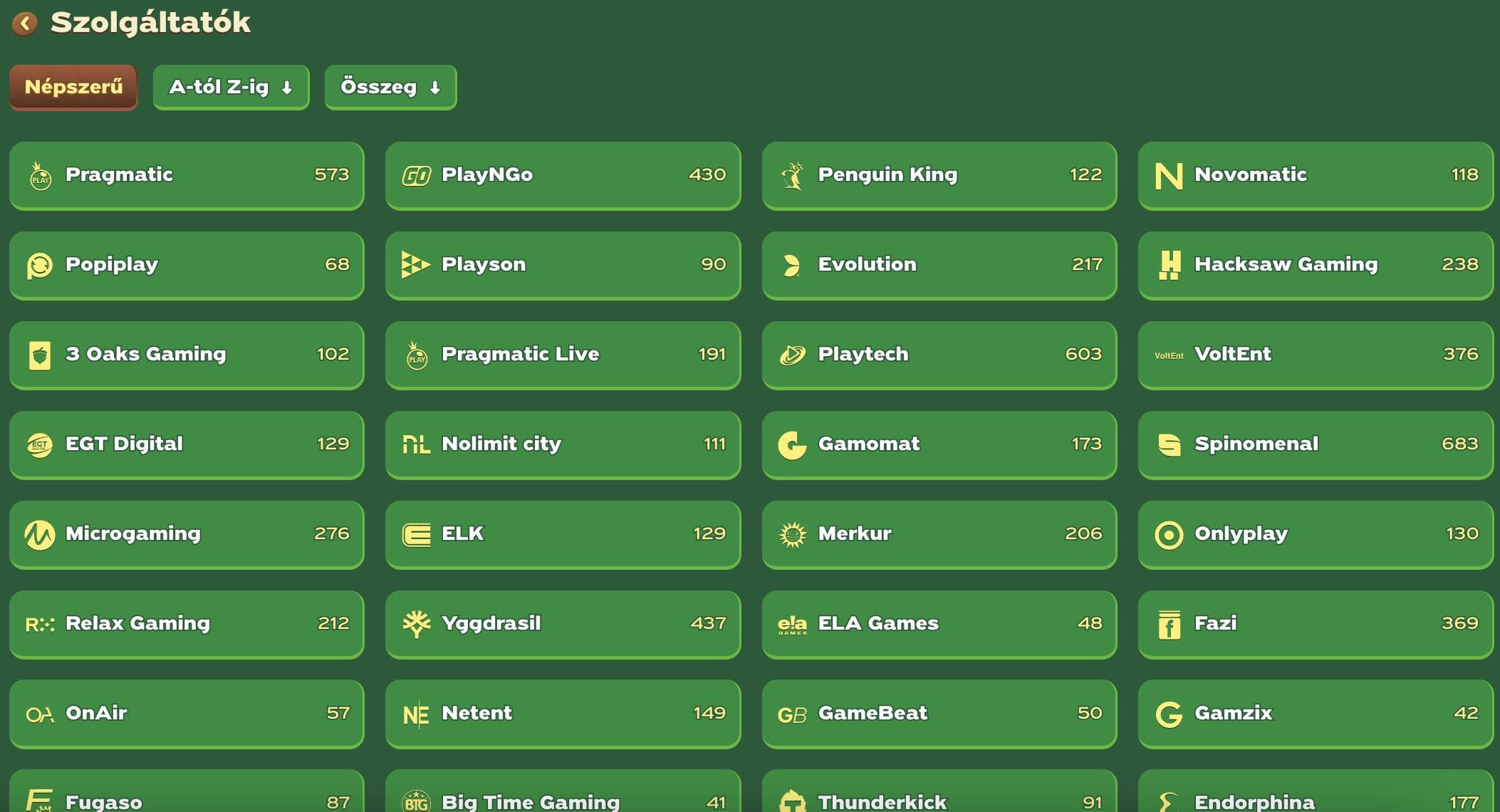 Kaszinójáték-szolgáltatók listája